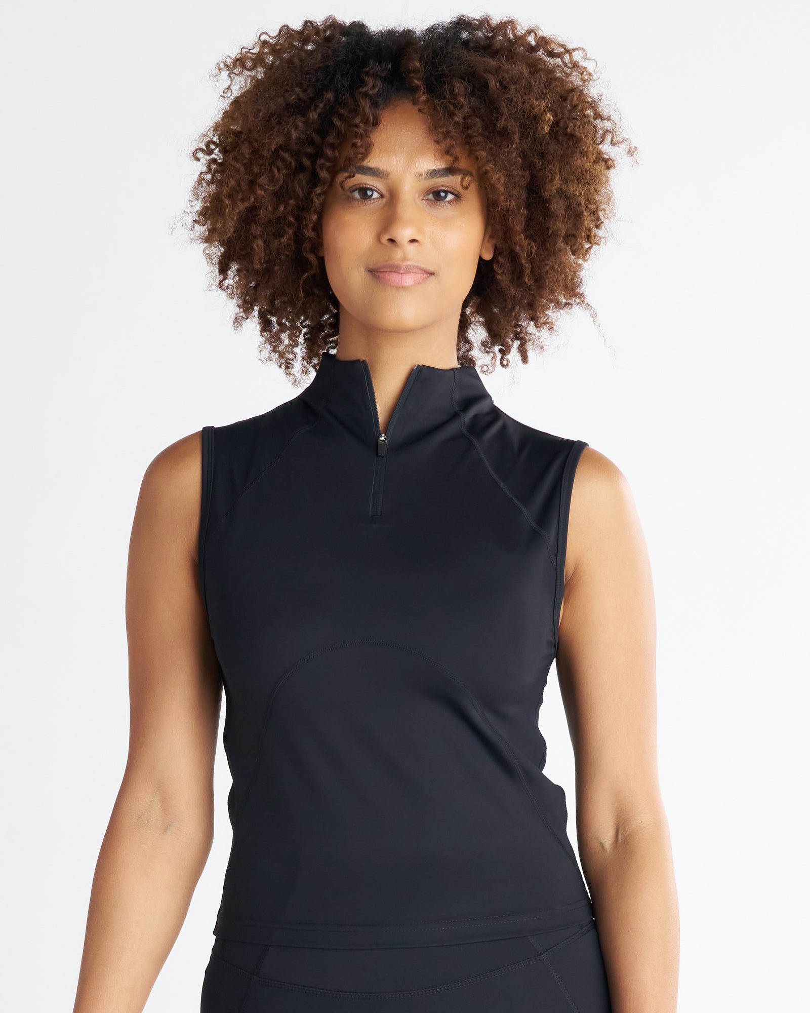 Front view of the black Endura-Train Quarter Zip Tank on a model, showing mock neck zipper detail.