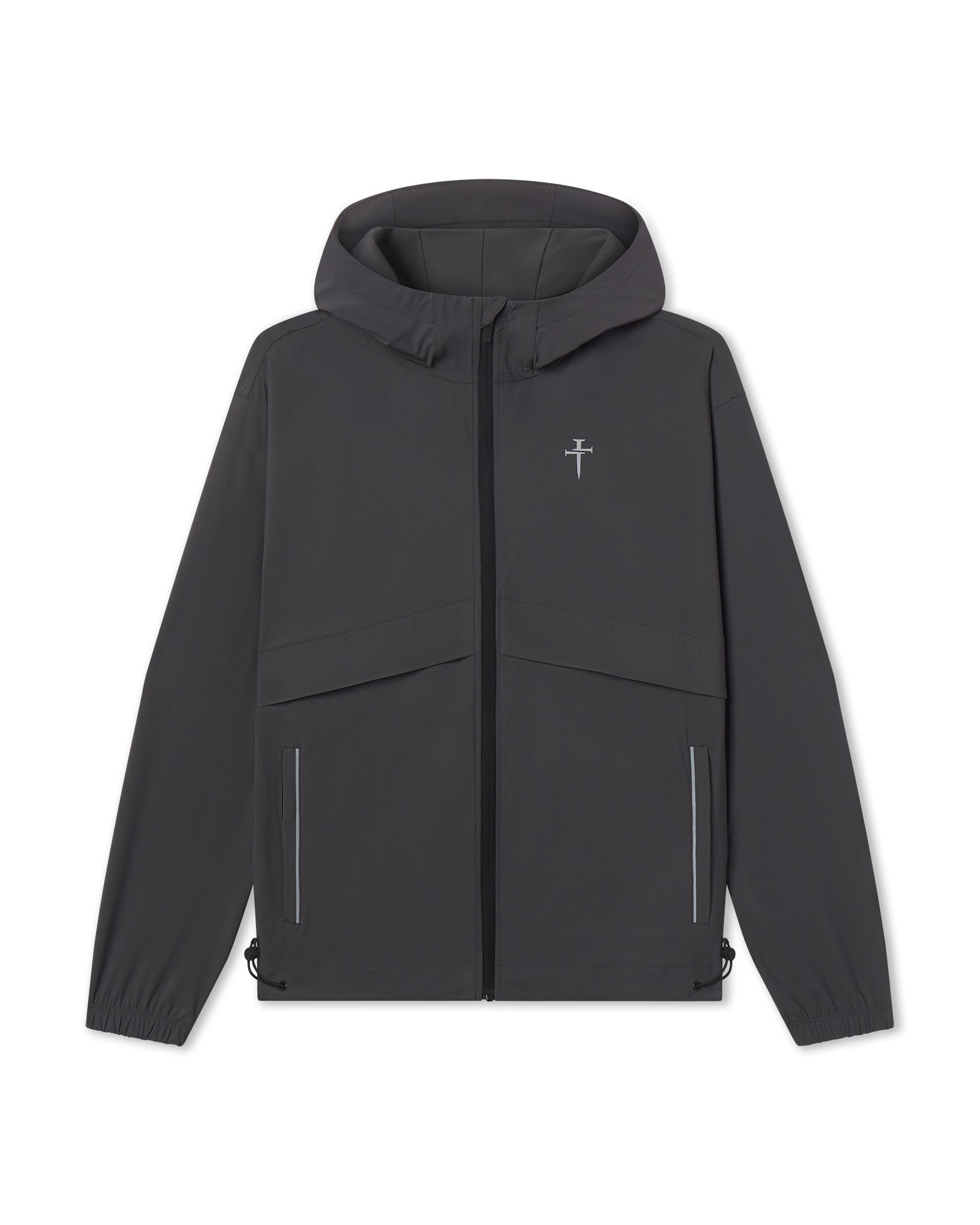 Vapor-Lite Anorak Jacket in Space Grey flatlay showing hooded zip-up design with angled chest panels and cross logo.