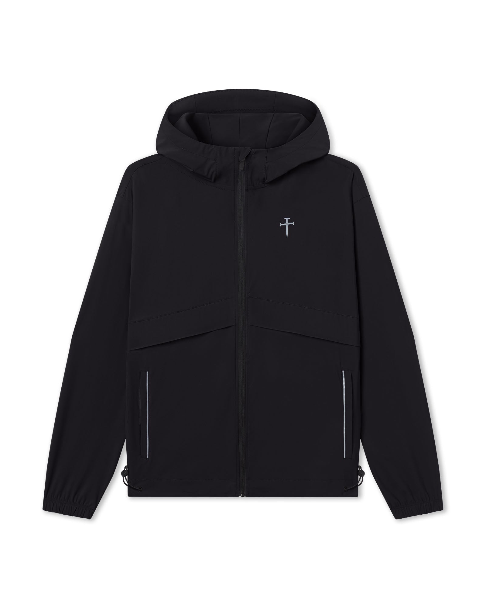 Vapor-Lite Anorak Jacket in black flatlay with hood, front zip, chest cross logo, and side zip pockets.