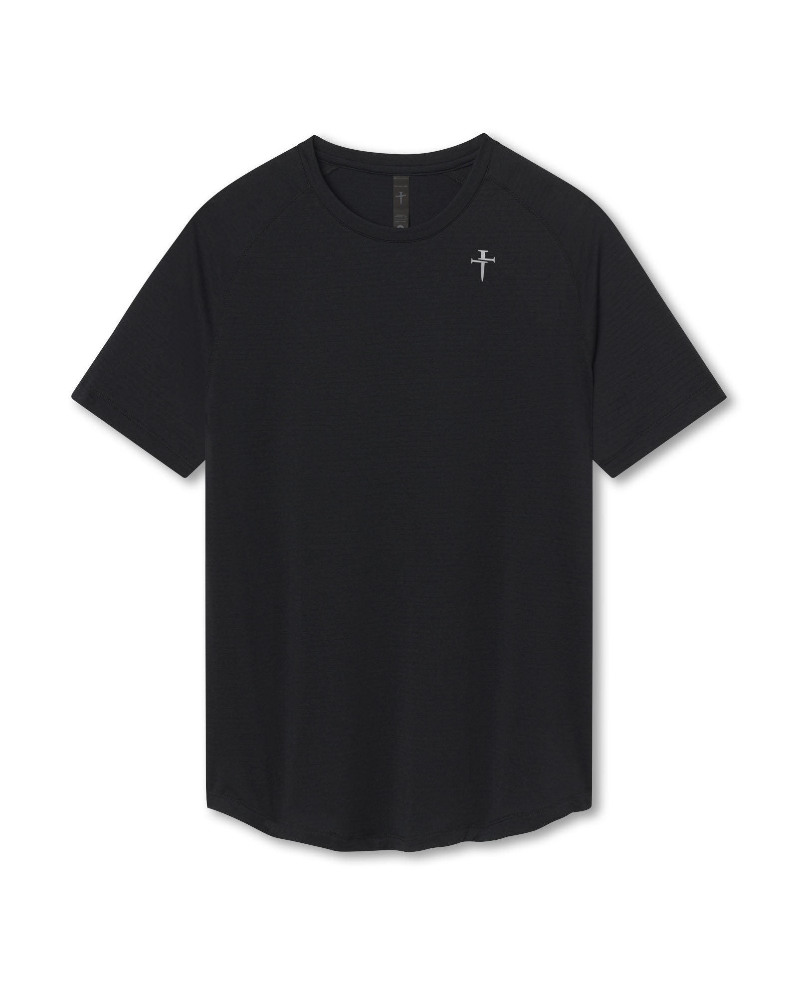 Aion-Lite Tee Cross in black flatlay with small silver cross logo on left chest.