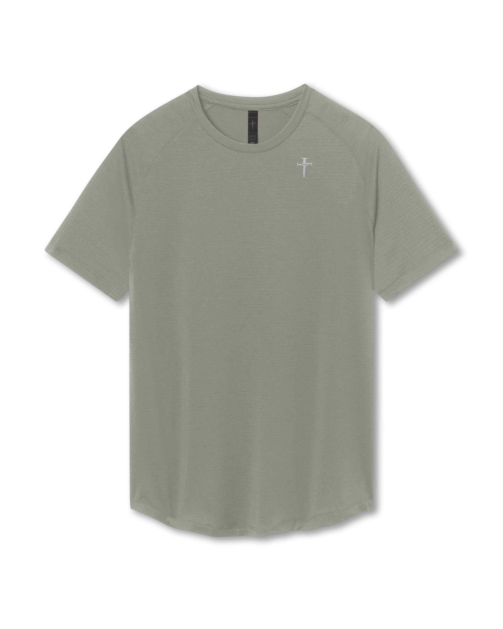 Aion-Lite Tee Cross in Sage Marl flatlay showing raglan sleeves and small cross logo on chest.