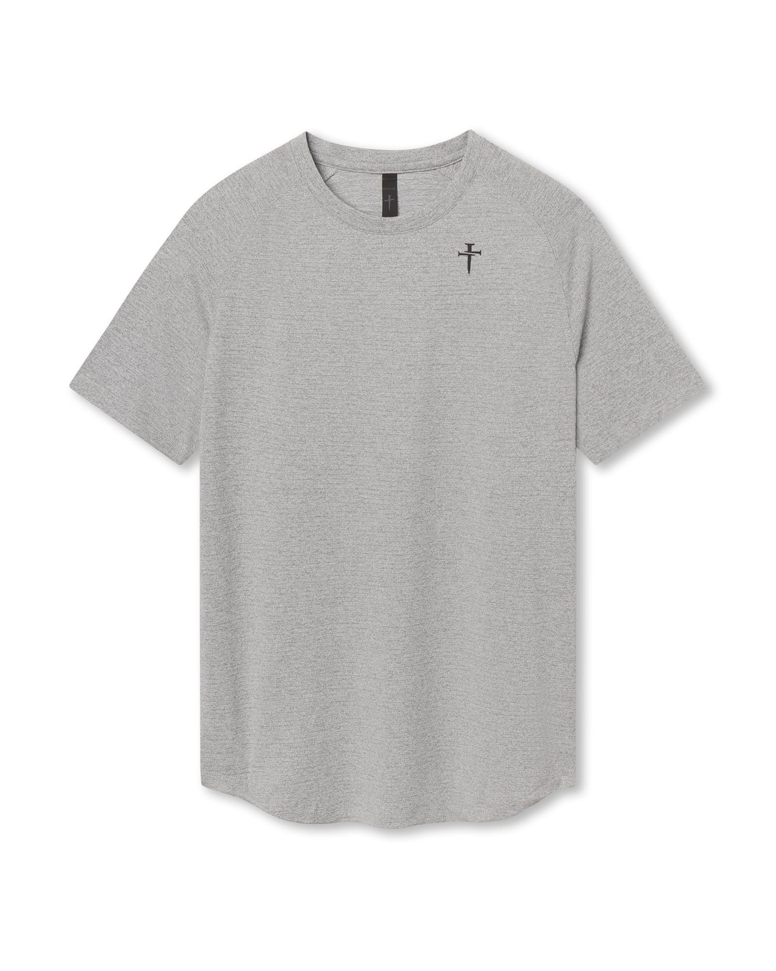 Aion-Lite Tee Cross in Grey Marl flatlay with small black cross logo on left chest.