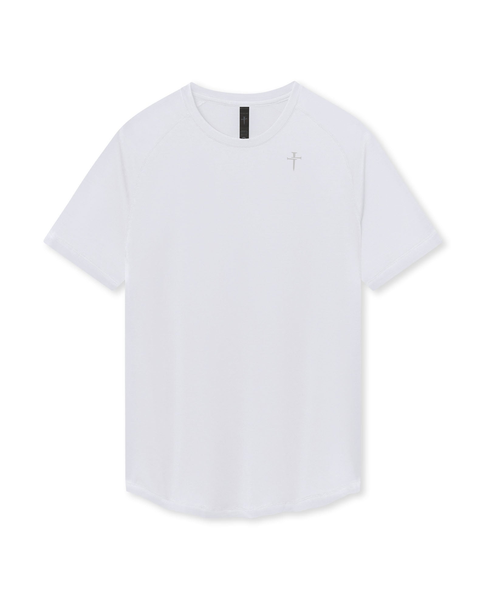 Aion-Lite Tee Cross in white flatlay with raglan sleeves and small cross logo on chest.