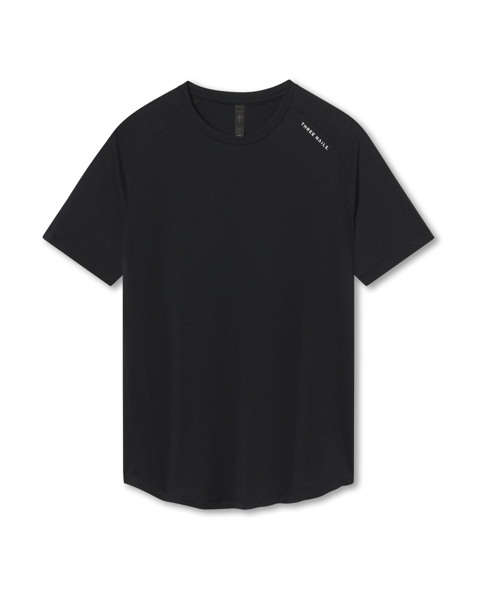 Aion-Lite Tee Three Nails in black flatlay showing crew neck, short sleeves, curved hem, and chest logo.