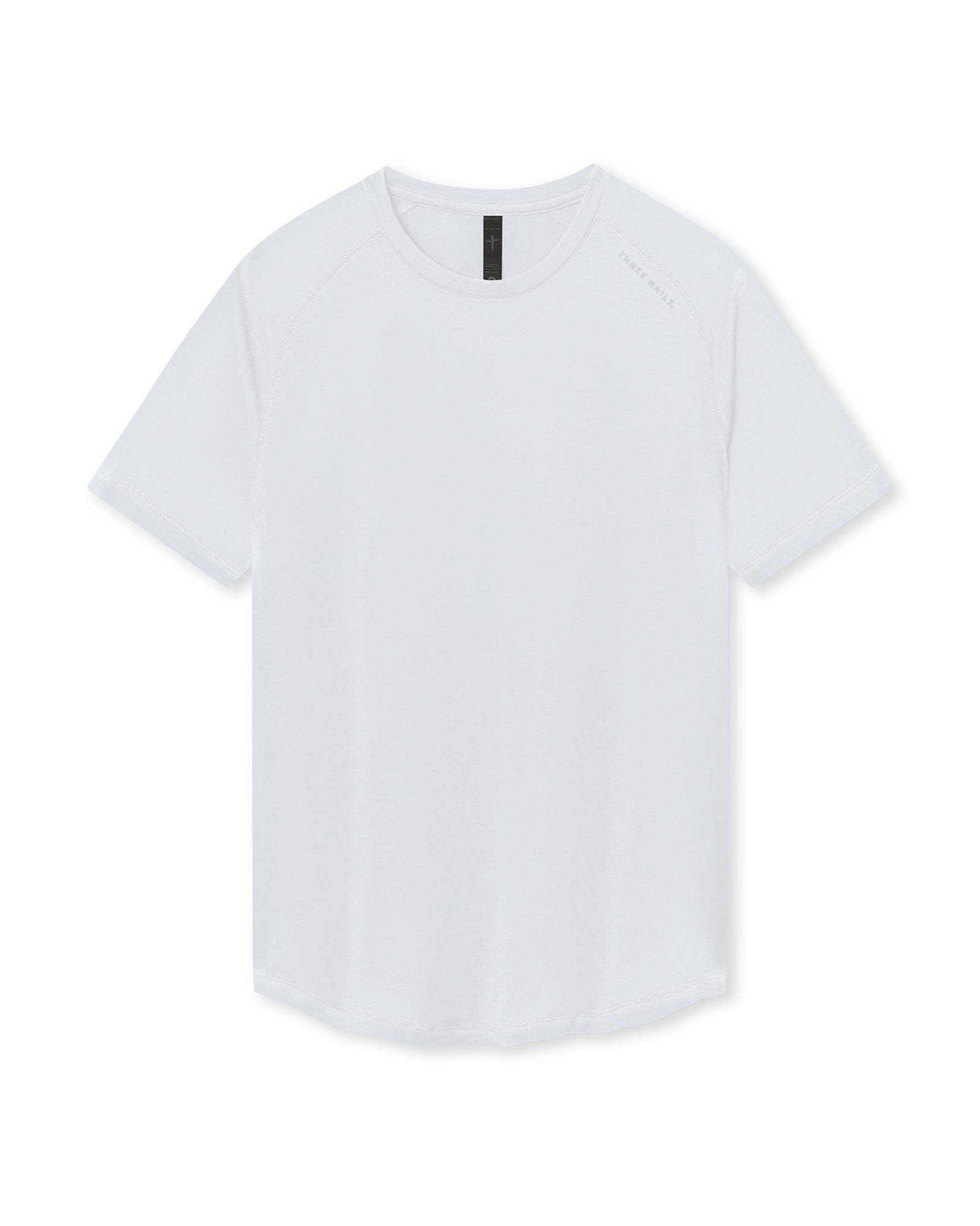 Aion-Lite Tee Three Nails white flatlay showing crew neck, raglan sleeves, and curved hem.