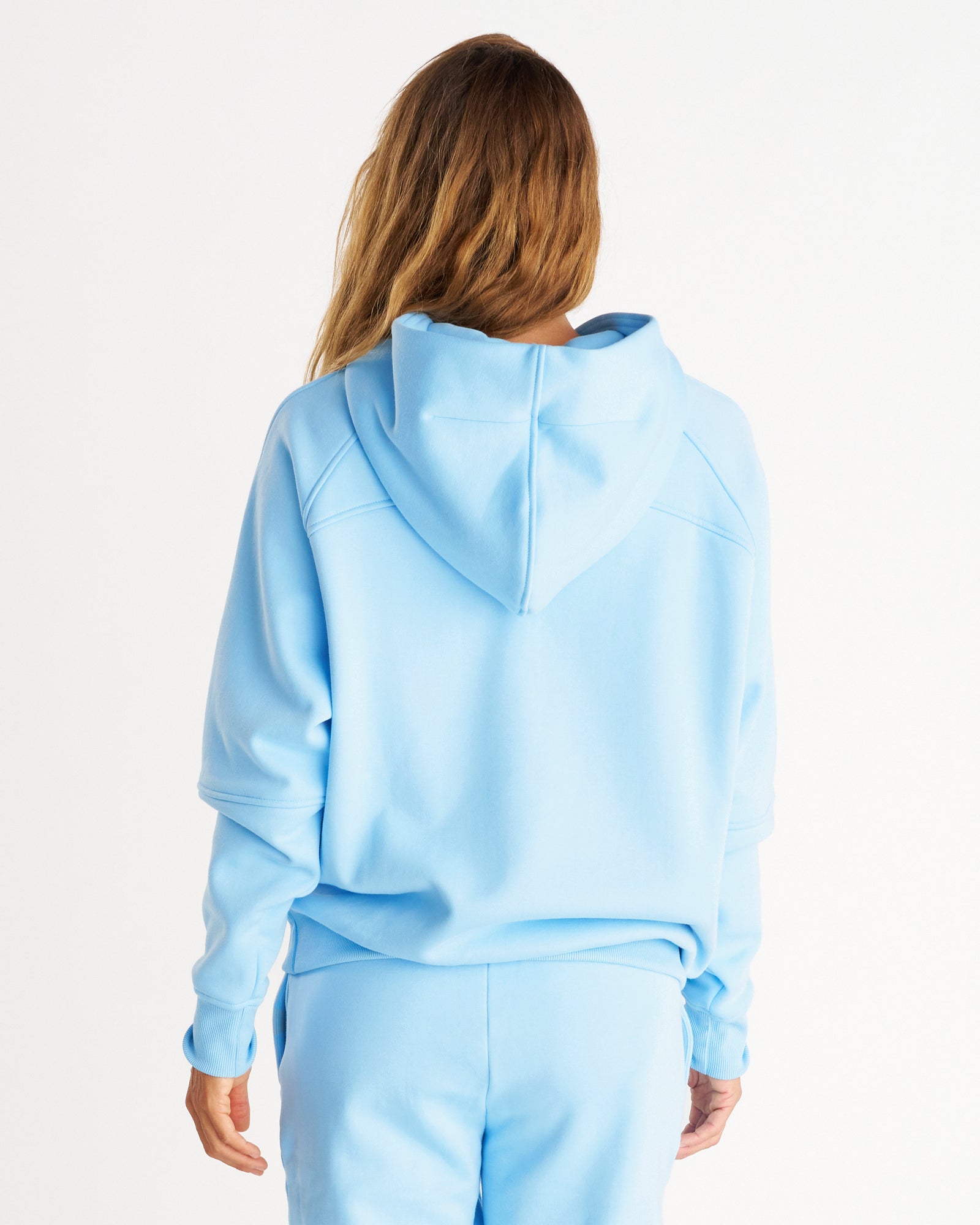 Back view of the Signature Fleece Hoodie in Sky Blue, showing hood and raglan seam details.