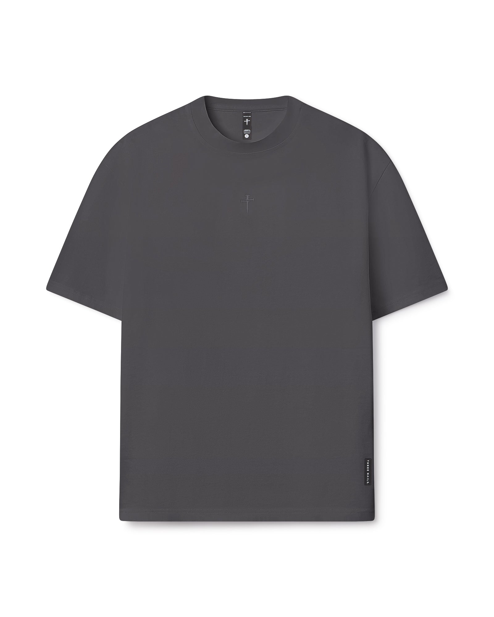 Heavyweight Cotton Oversized Tee in Space Grey flatlay with subtle cross embroidery at chest center.