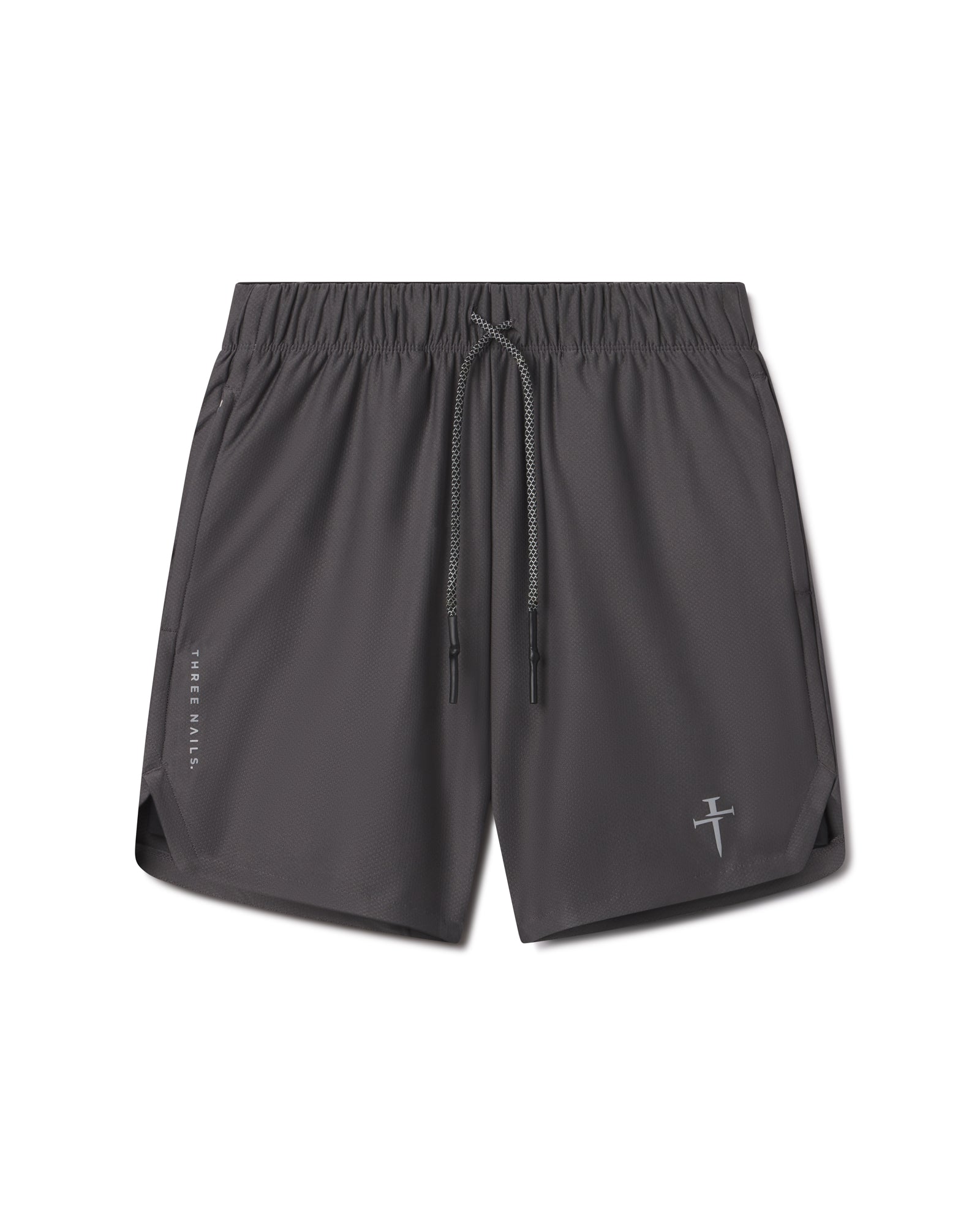 Pro-Tech 2.0 Linerless Short in Space Grey flatlay showing drawstring waist and Three Nails logo details.