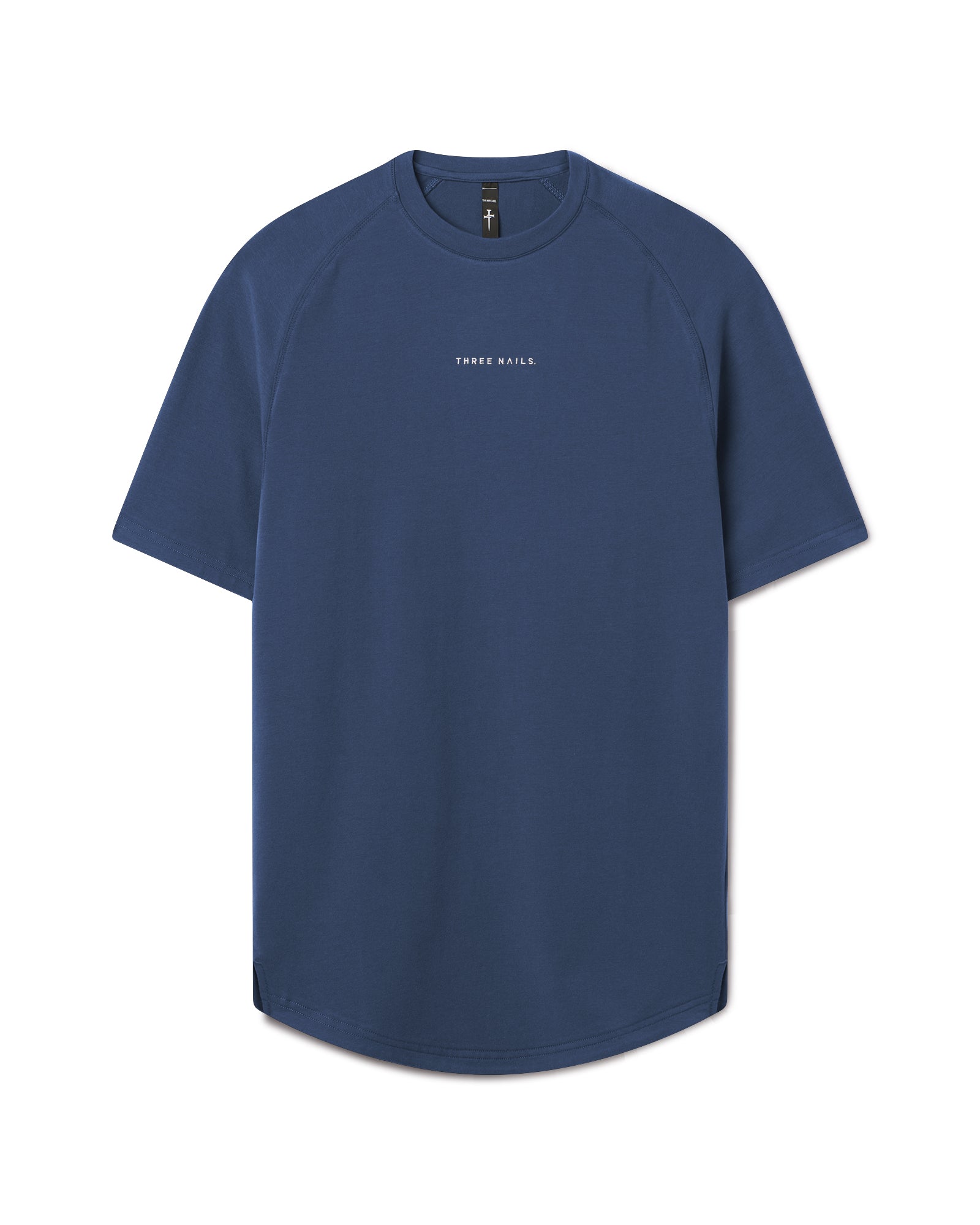 Pro-Tech Tee Three Nails midnight navy flatlay showing raglan sleeves and curved hem.