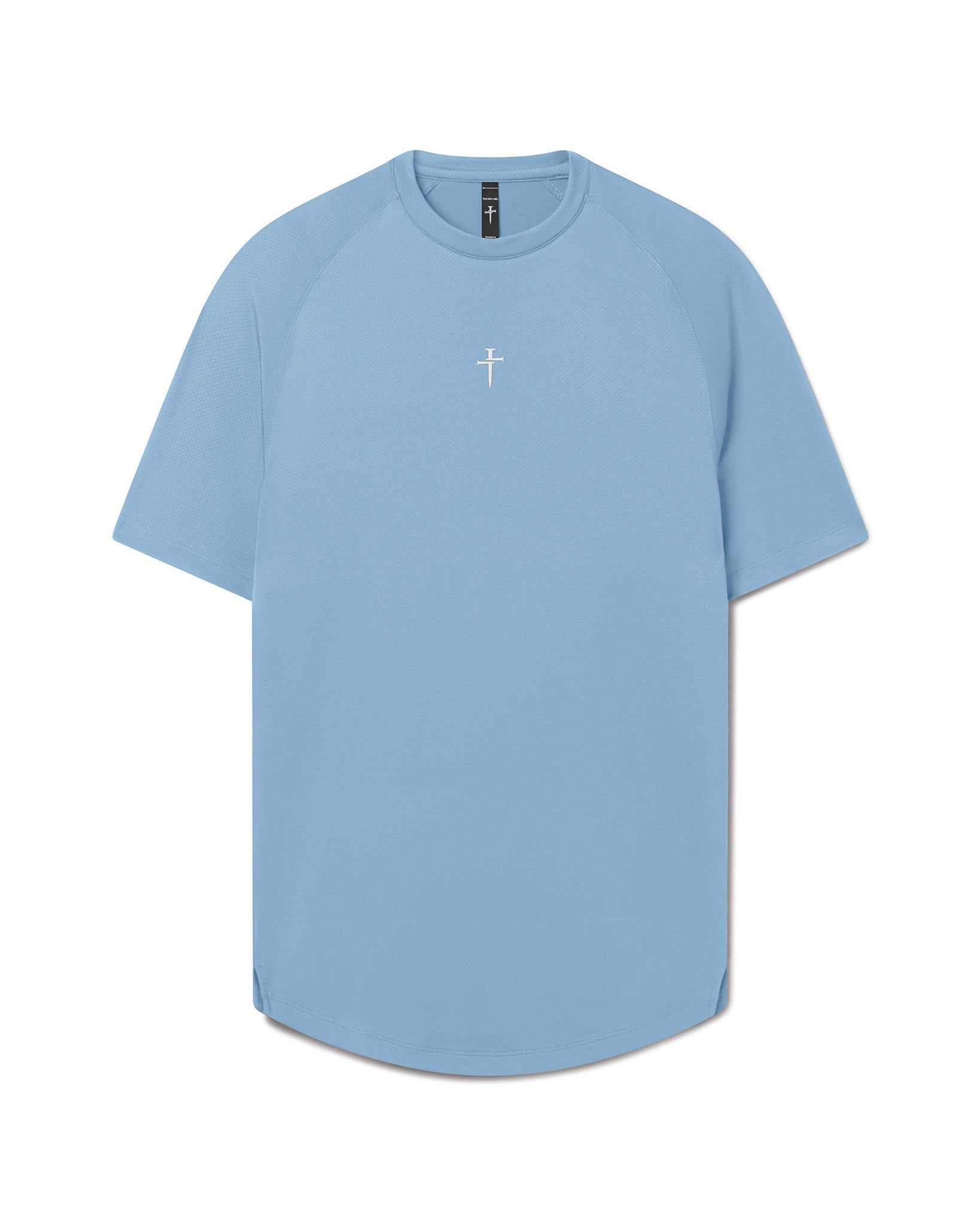 Pro-Tech Tee Cross Sky Blue flatlay showing raglan sleeves and small white cross logo at center chest.