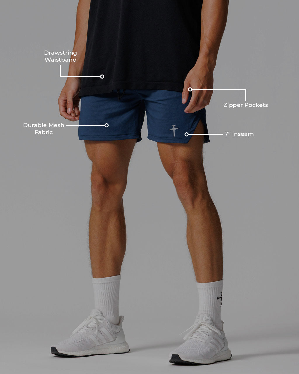 Pro-Tech 2.0 Linerless Short in Midnight Navy on a front-view male model with feature callouts.