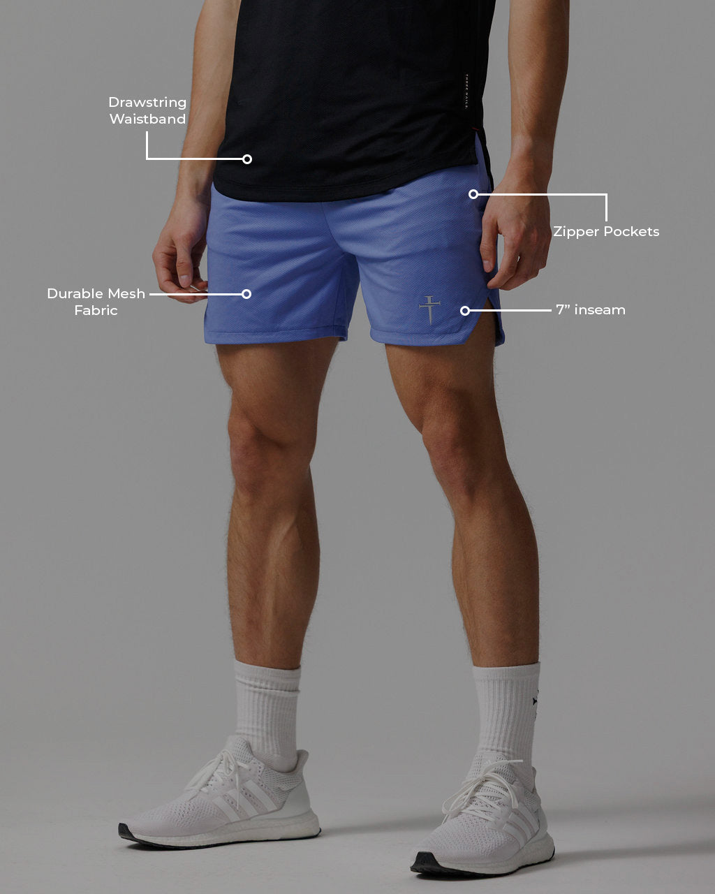 Front view of Pro-Tech 2.0 Linerless Short in Serene Blue on a male model with feature callouts.