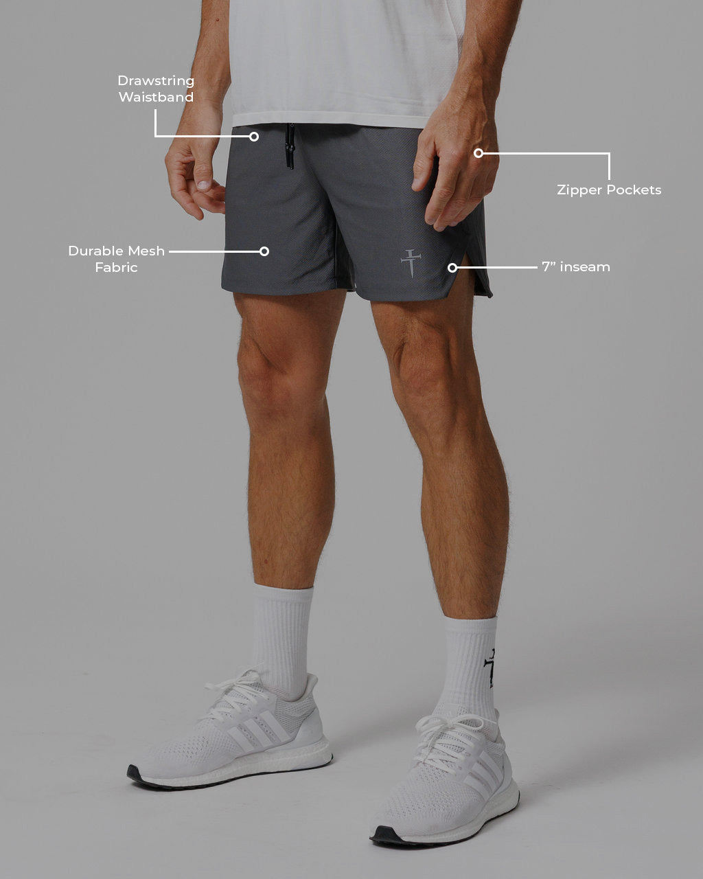 Man wearing Pro-Tech 2.0 Linerless Short in Space Grey, front view with feature callouts labeled.