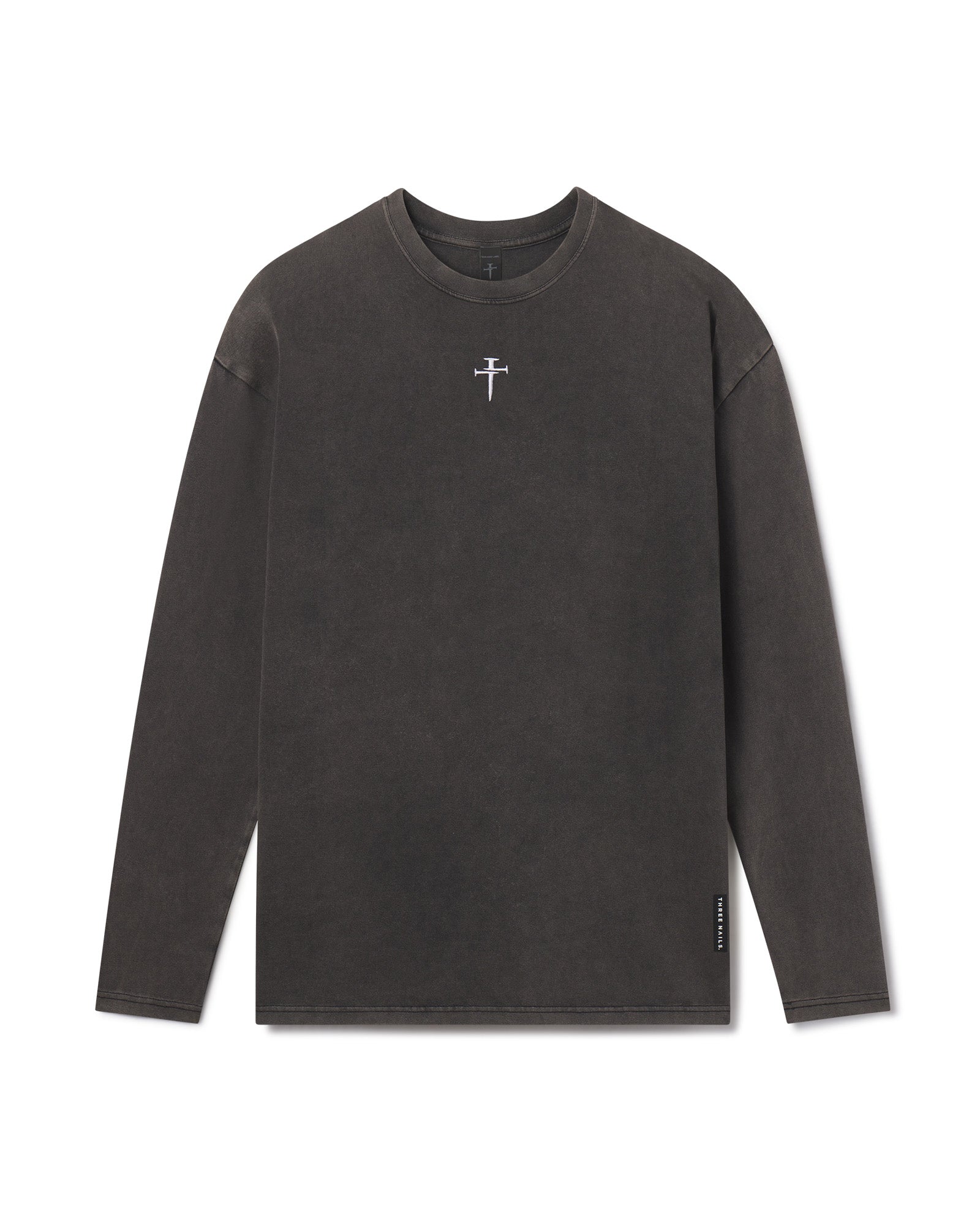 Heavyweight Cotton Oversized Long Sleeve Acid Wash flatlay showing faded dark grey finish and small cross logo at chest.