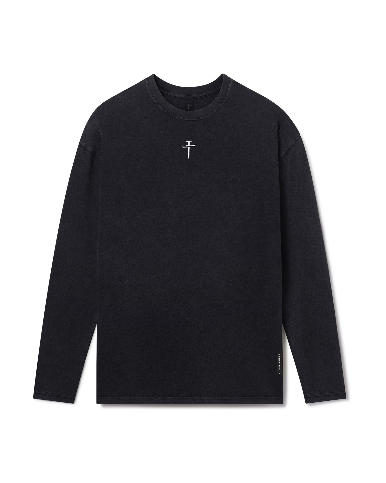 Heavyweight Cotton Oversized Long Sleeve in black flatlay with small cross logo at center chest.