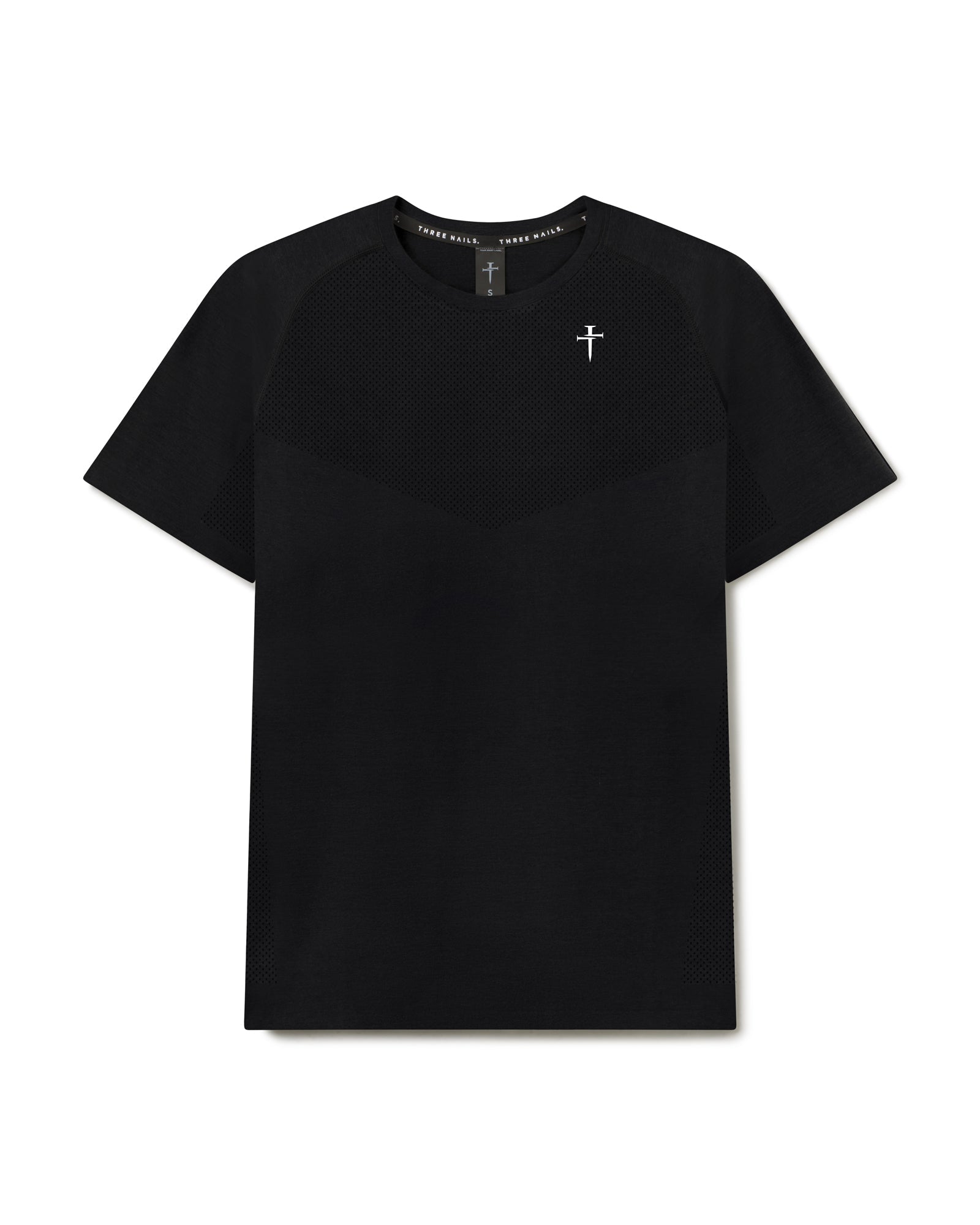 Black Marl Seamless Tee flatlay on white background showing mesh ventilation panels and Three Nails cross logo