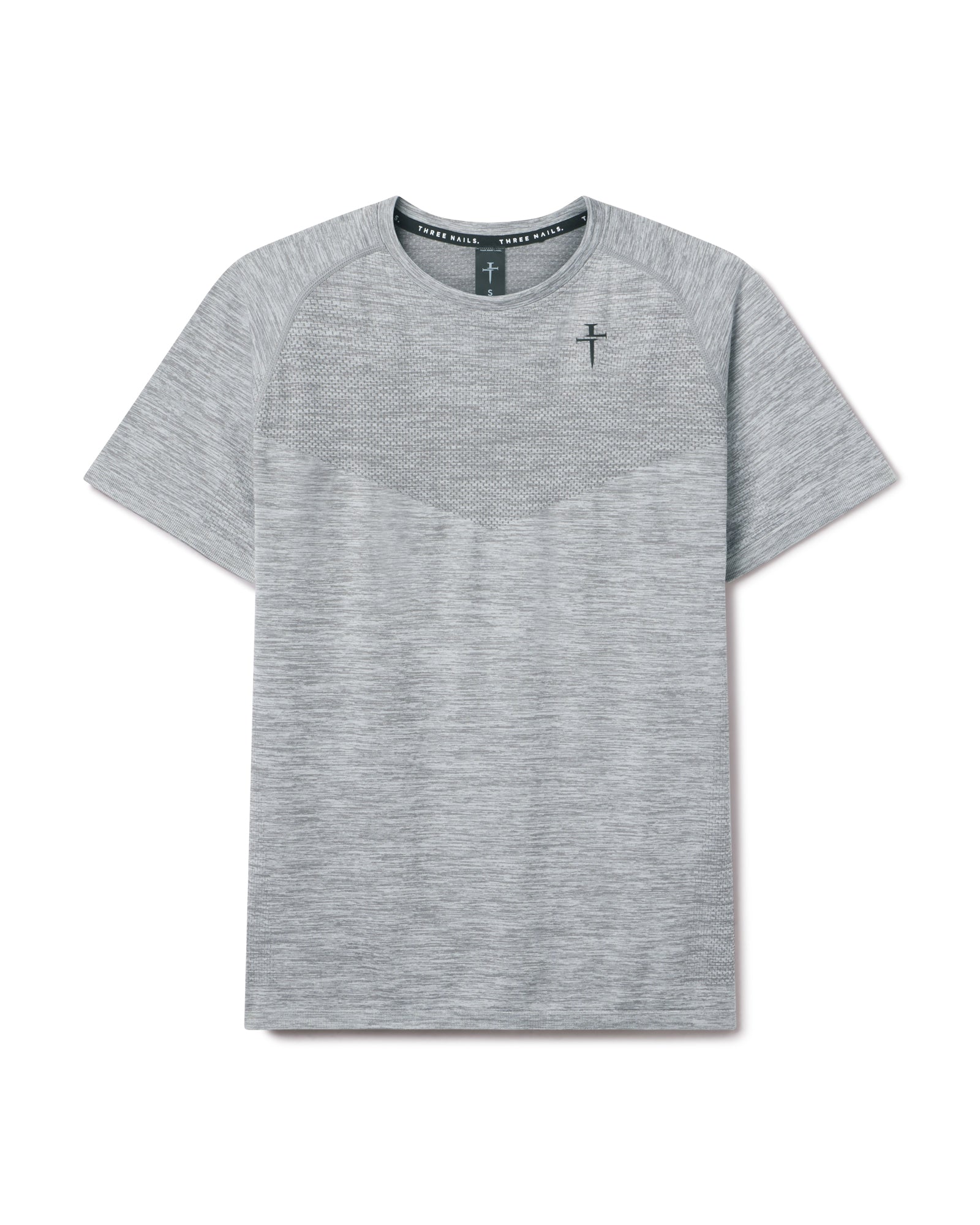 Seamless Tee in Grey Marl flatlay showing crew neck, raglan sleeves, and tonal mesh panel across the chest.