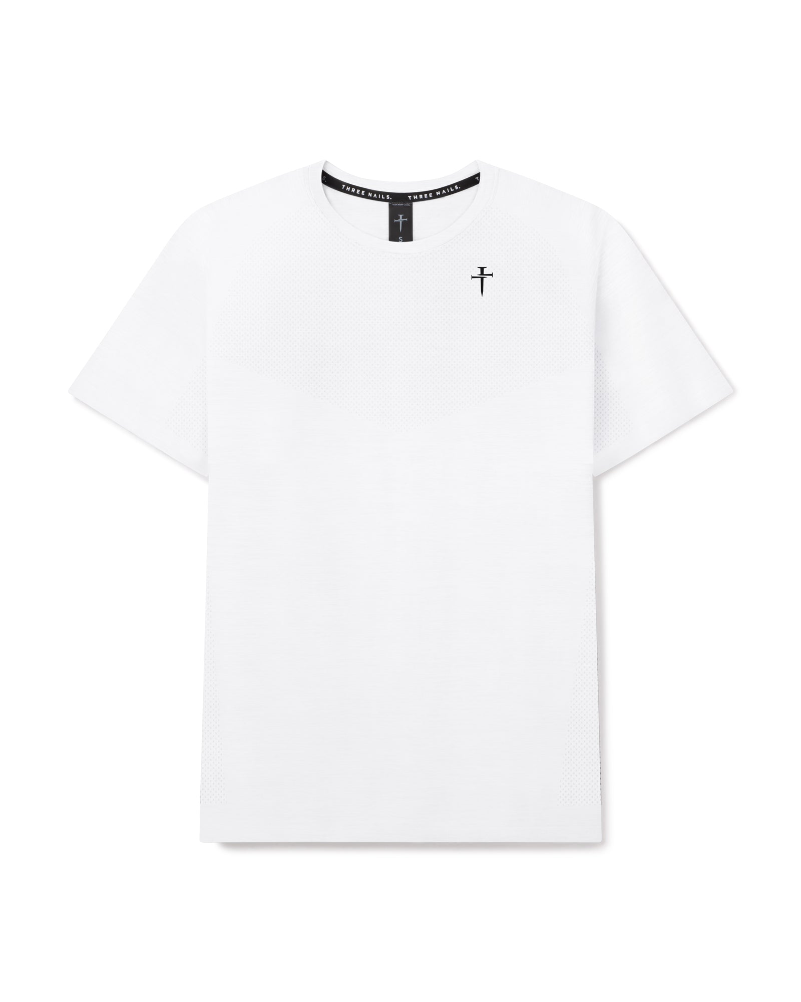 White Seamless Tee flatlay with black cross logo on chest and Three Nails branded collar tape.