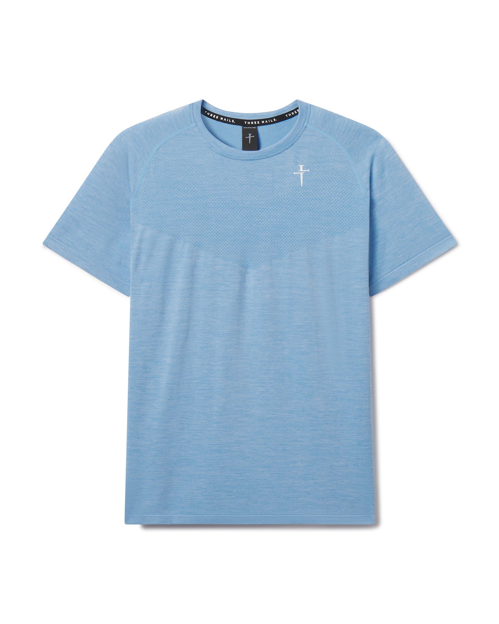 Sky Blue Seamless Tee flatlay showing mesh panel detail across the chest and a small cross logo on the left chest.