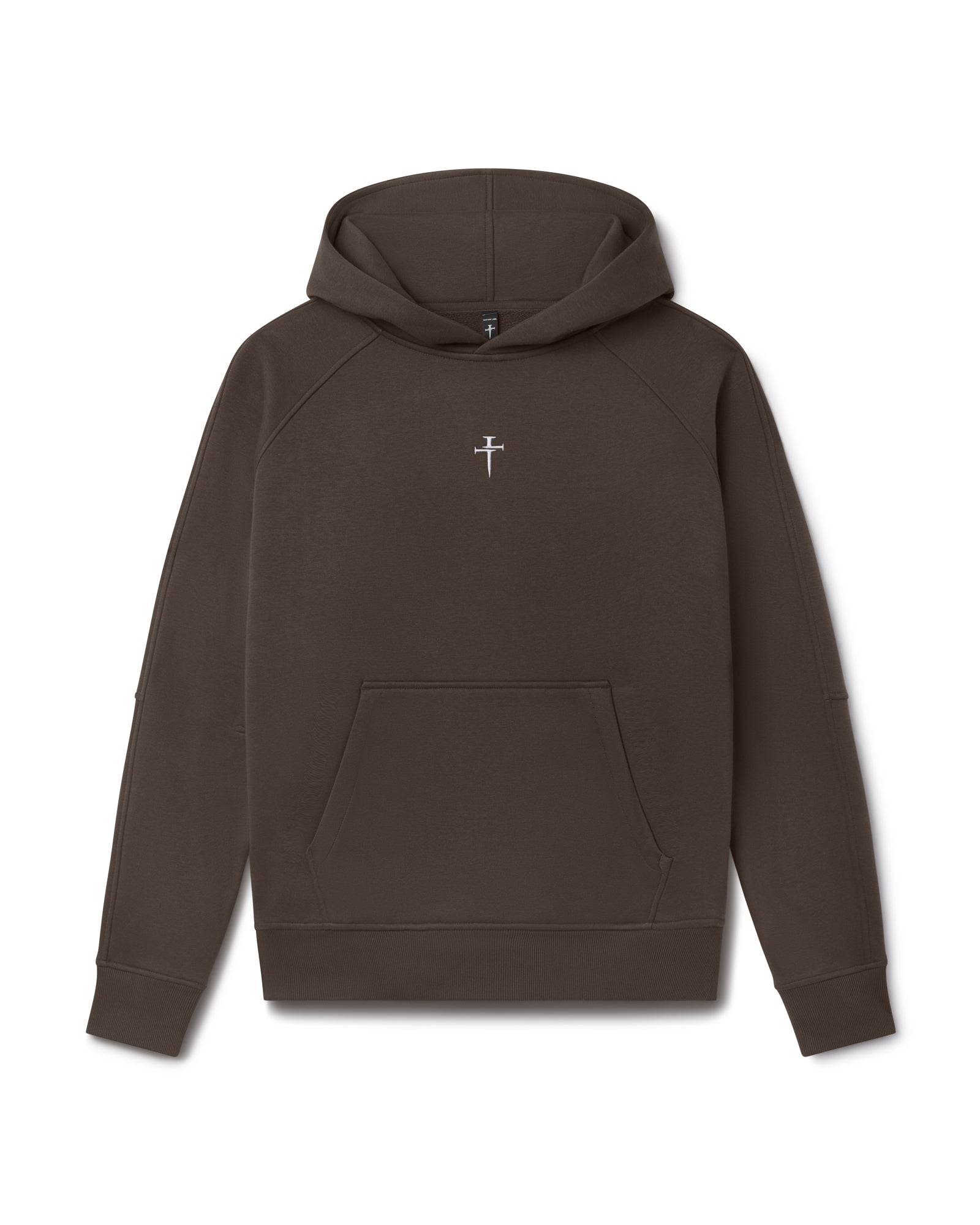 Signature Fleece Hoodie in Woodland Brown flatlay with small cross logo centered on chest.