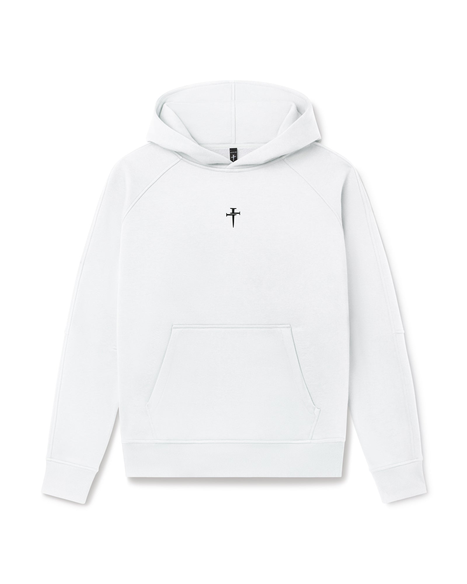 Signature Fleece Hoodie in Stone flatlay with small cross logo at chest and kangaroo pocket.