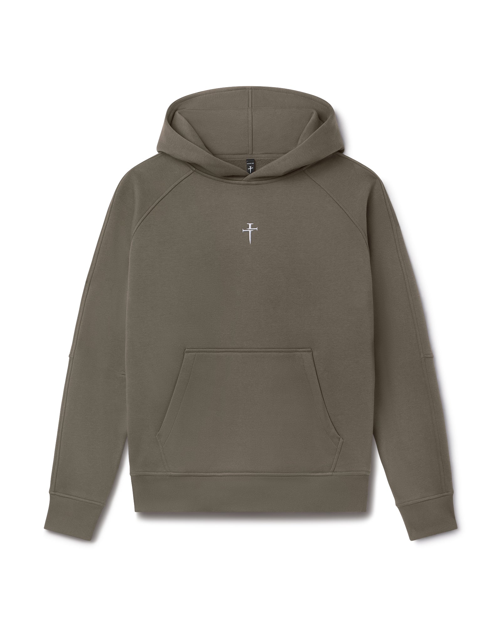 Signature Fleece Hoodie in Sage flatlay with small cross logo at chest and kangaroo pocket.