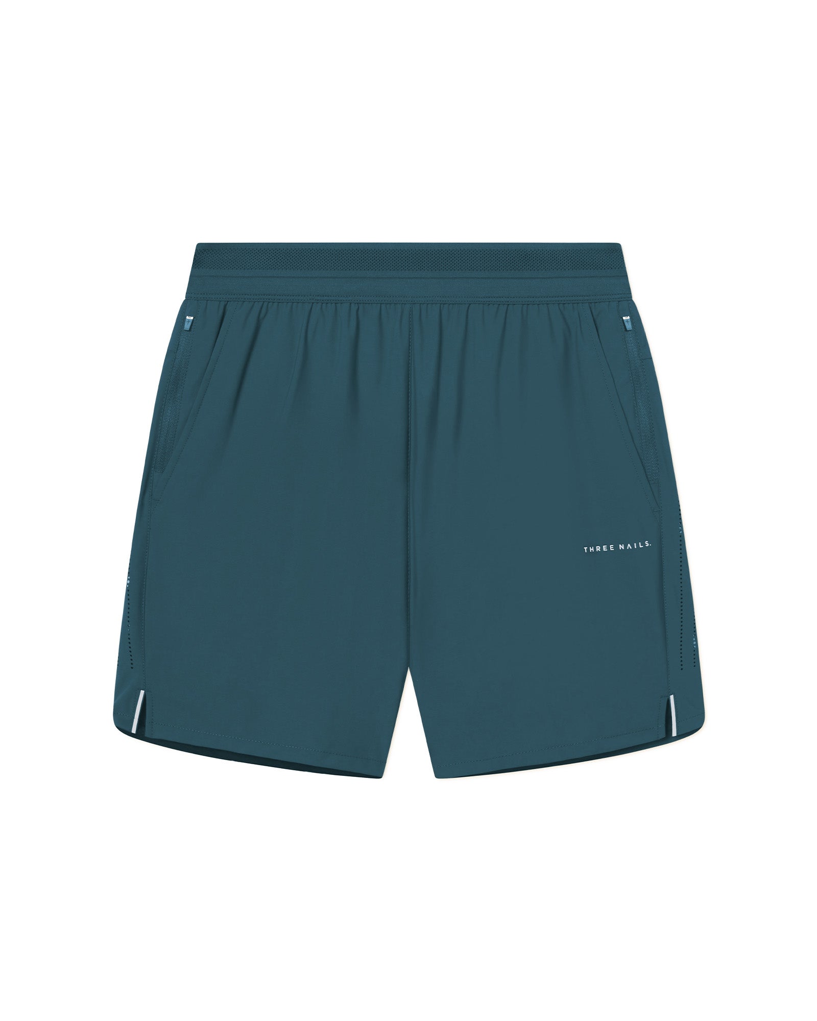 Vapor-Lite Hybrid Short in Teal flatlay showing front view with elastic waistband and side mesh panels.