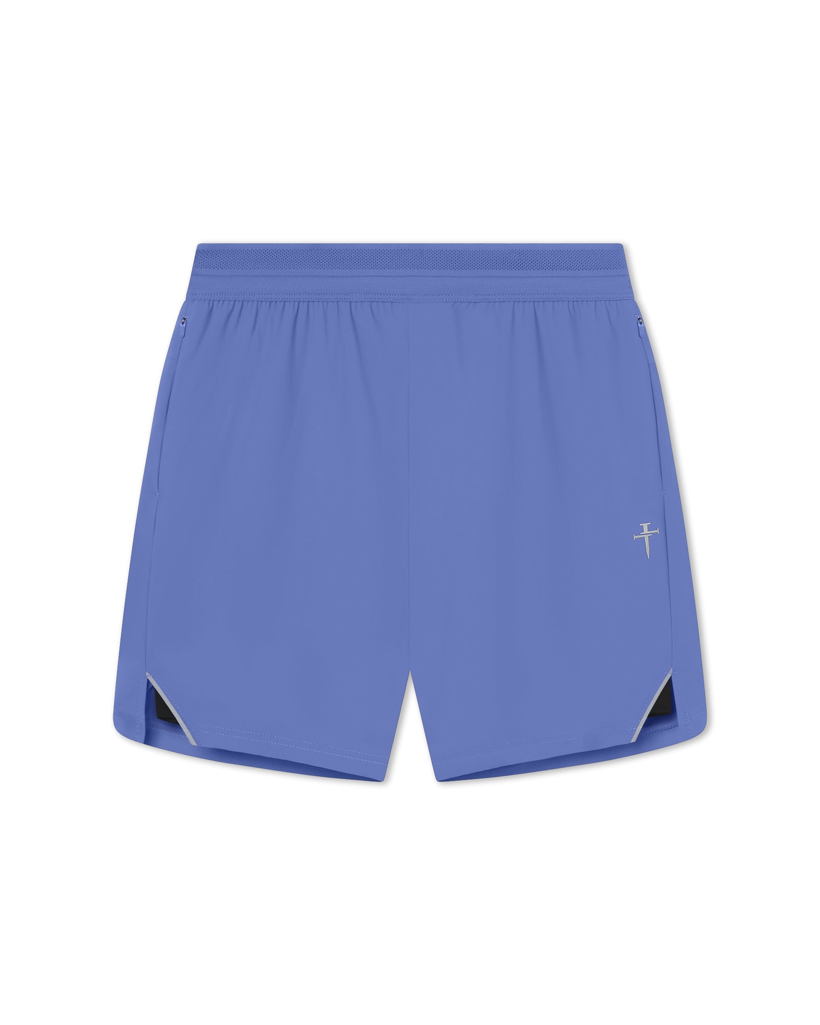 Vapor-Lite Liner Short Cross in Serene Blue flatlay showing elastic waistband, side zip pockets, and reflective hem vents.