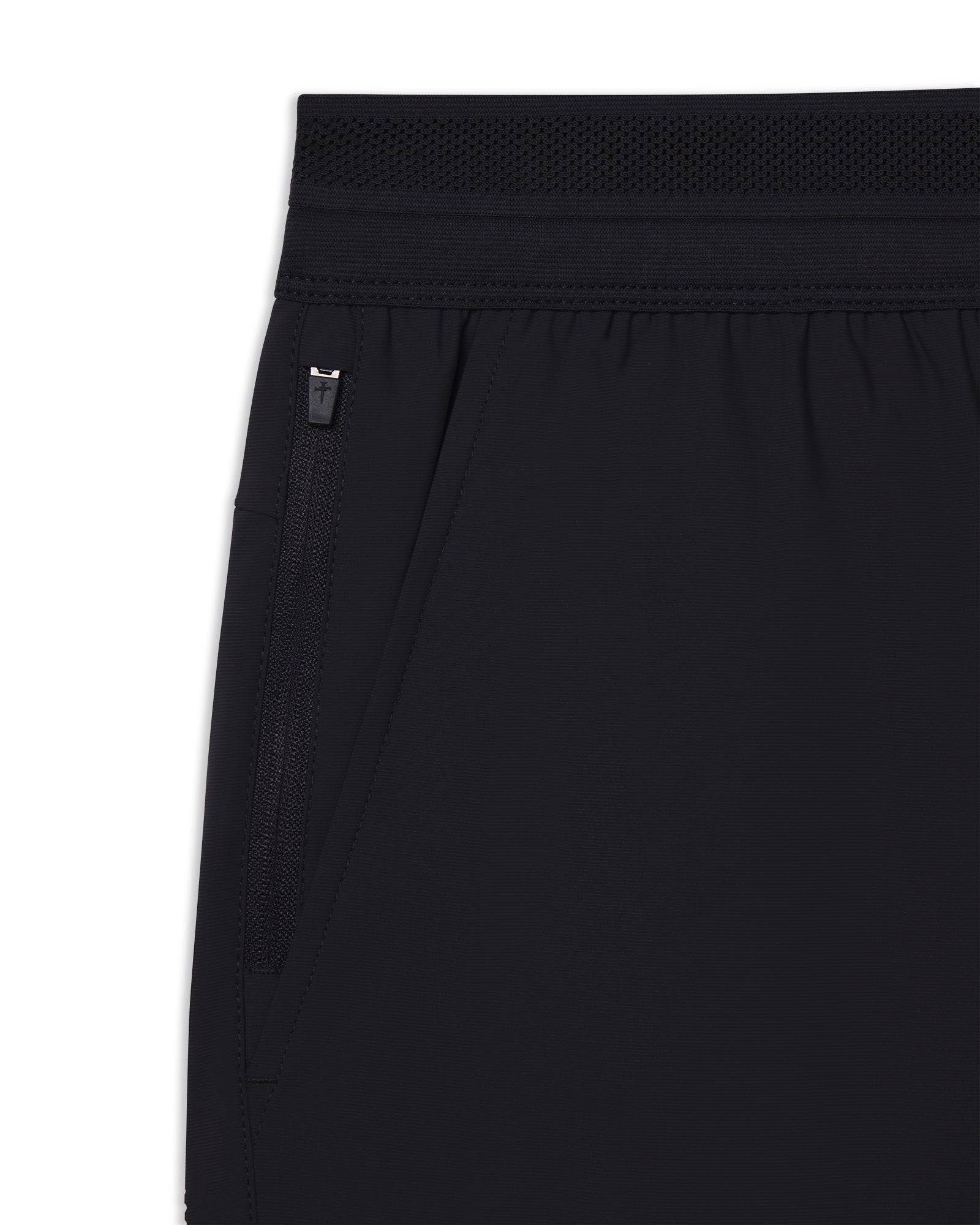 Close-up of the Vapor-Lite Hybrid Short in black showing the mesh waistband and zippered side pocket detail.