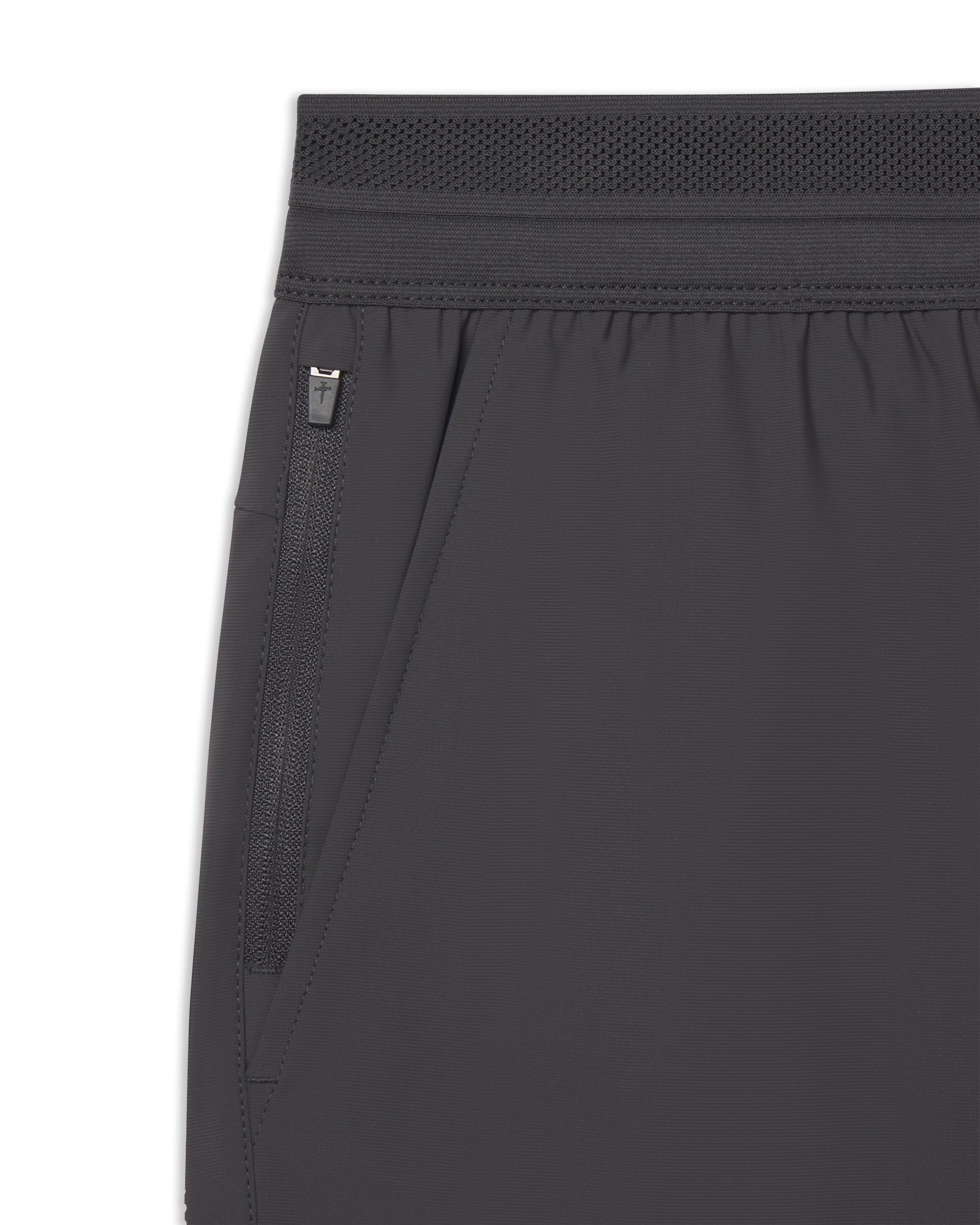 Close-up of the Vapor-Lite Hybrid Short in Space Grey showing zippered side pocket and elastic mesh waistband.