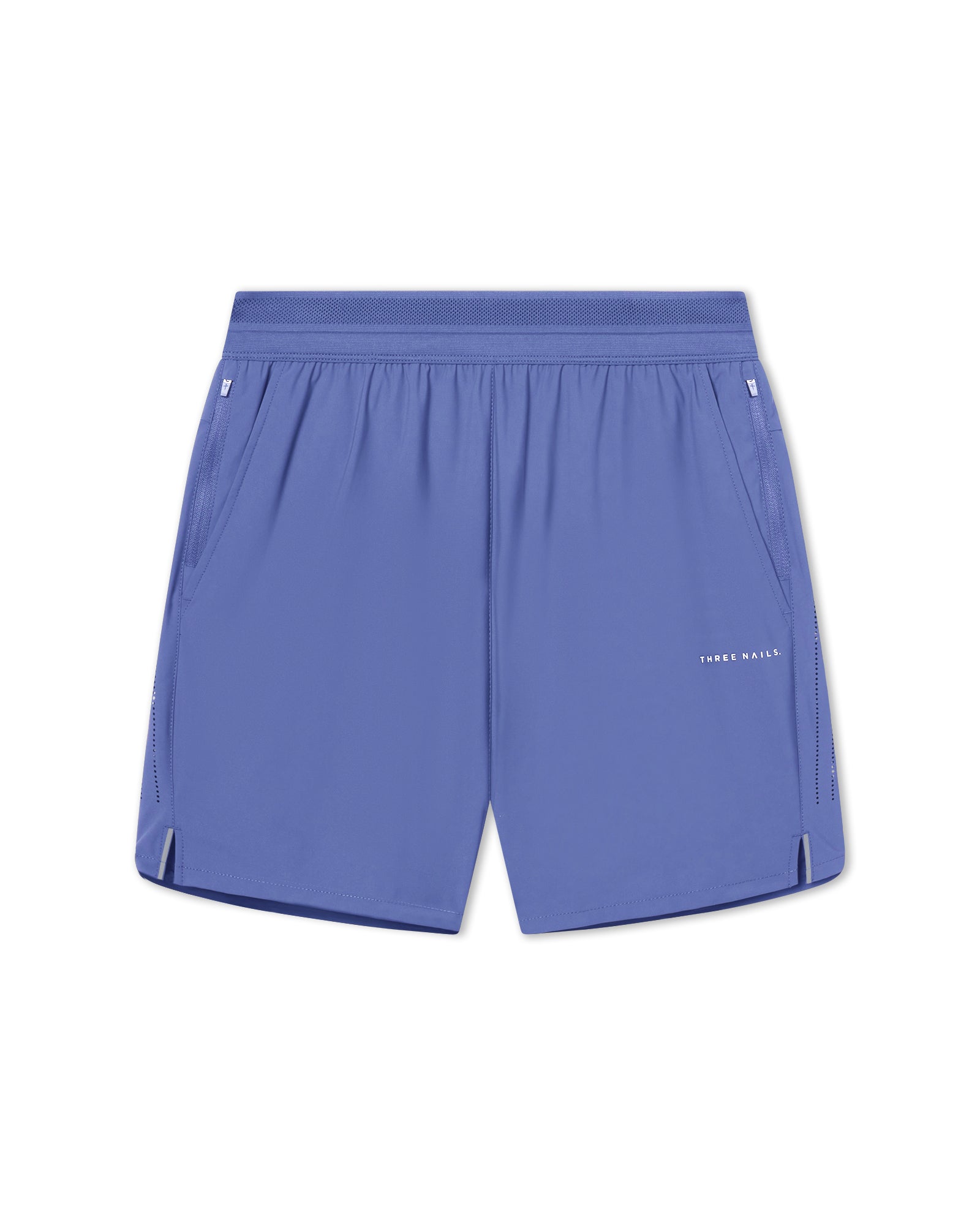 Vapor-Lite Hybrid Short in Serene Blue flatlay showing elastic waistband, zip pockets, and mesh side panels.