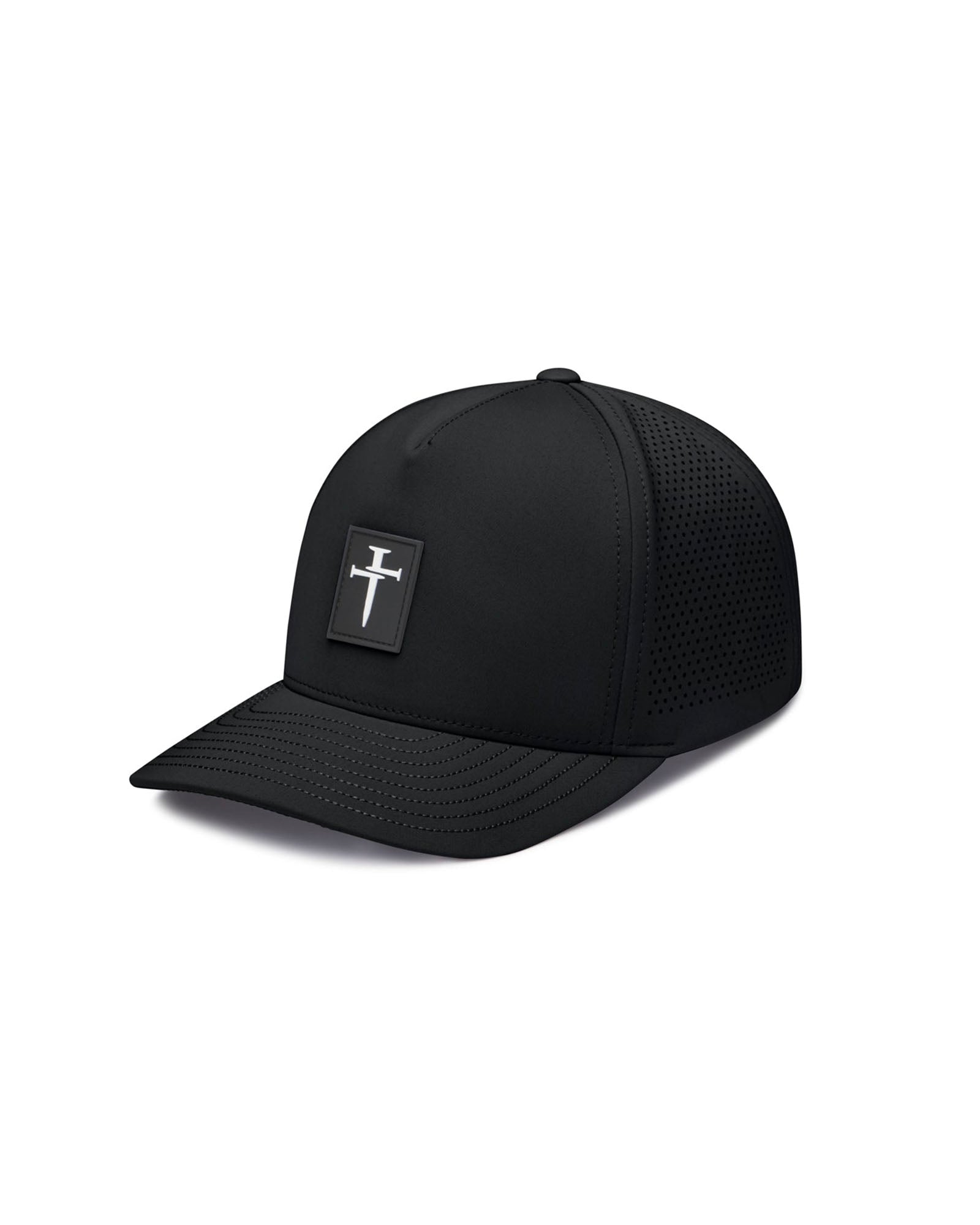 Black Perforated Hat Bundle Pack flatlay featuring a cross logo patch and perforated side panels.