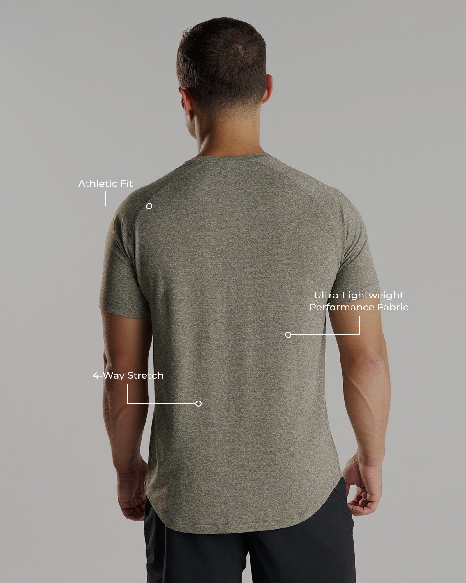 Aion-Lite Tee Cross in Sage Marl on a male model, back view, with labeled feature callouts.