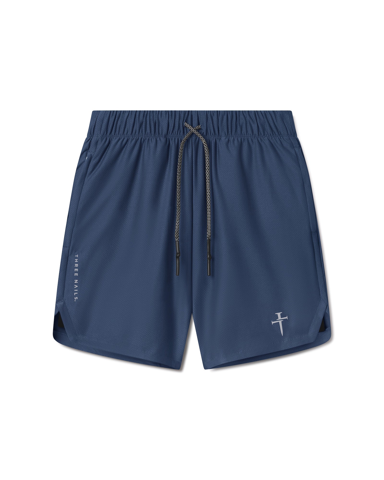Pro-Tech 2.0 Linerless Short flatlay in navy blue with drawstring waistband and Three Nails logo.
