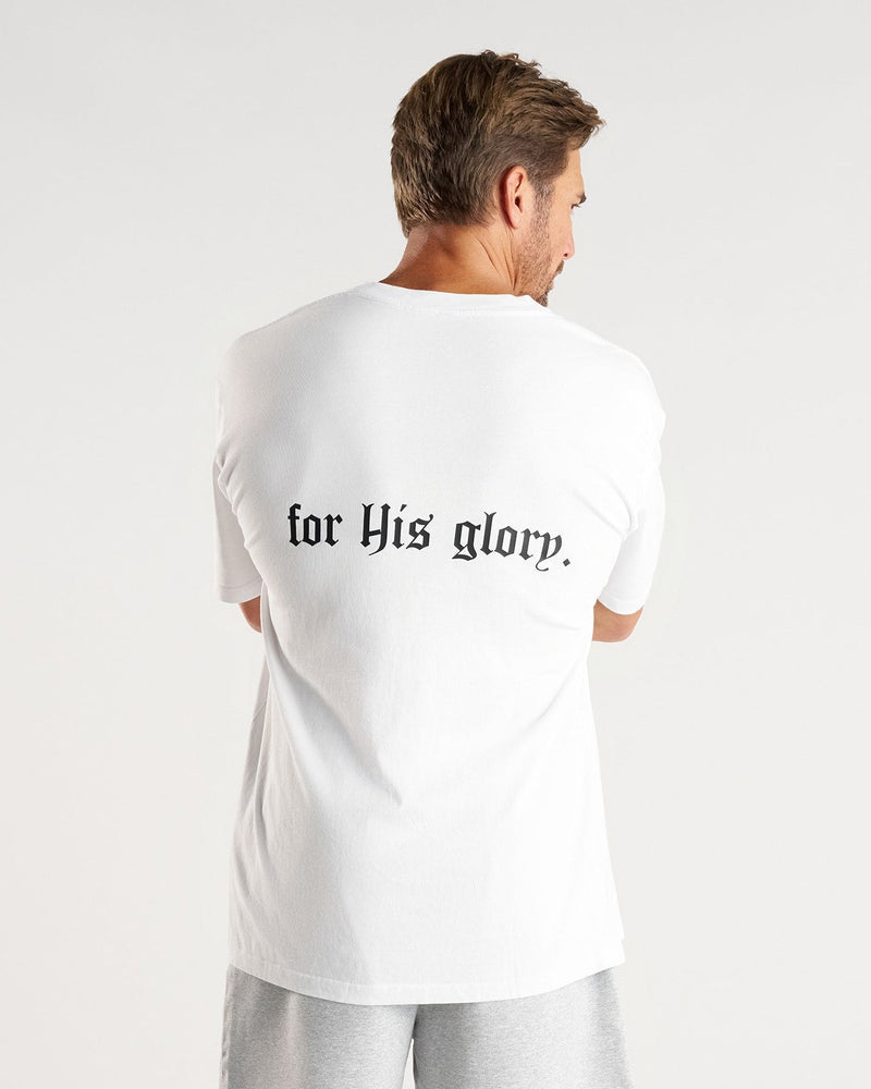 Back view of model wearing white FHG Heavyweight Cotton Oversized Tee with for His glory printed on back.