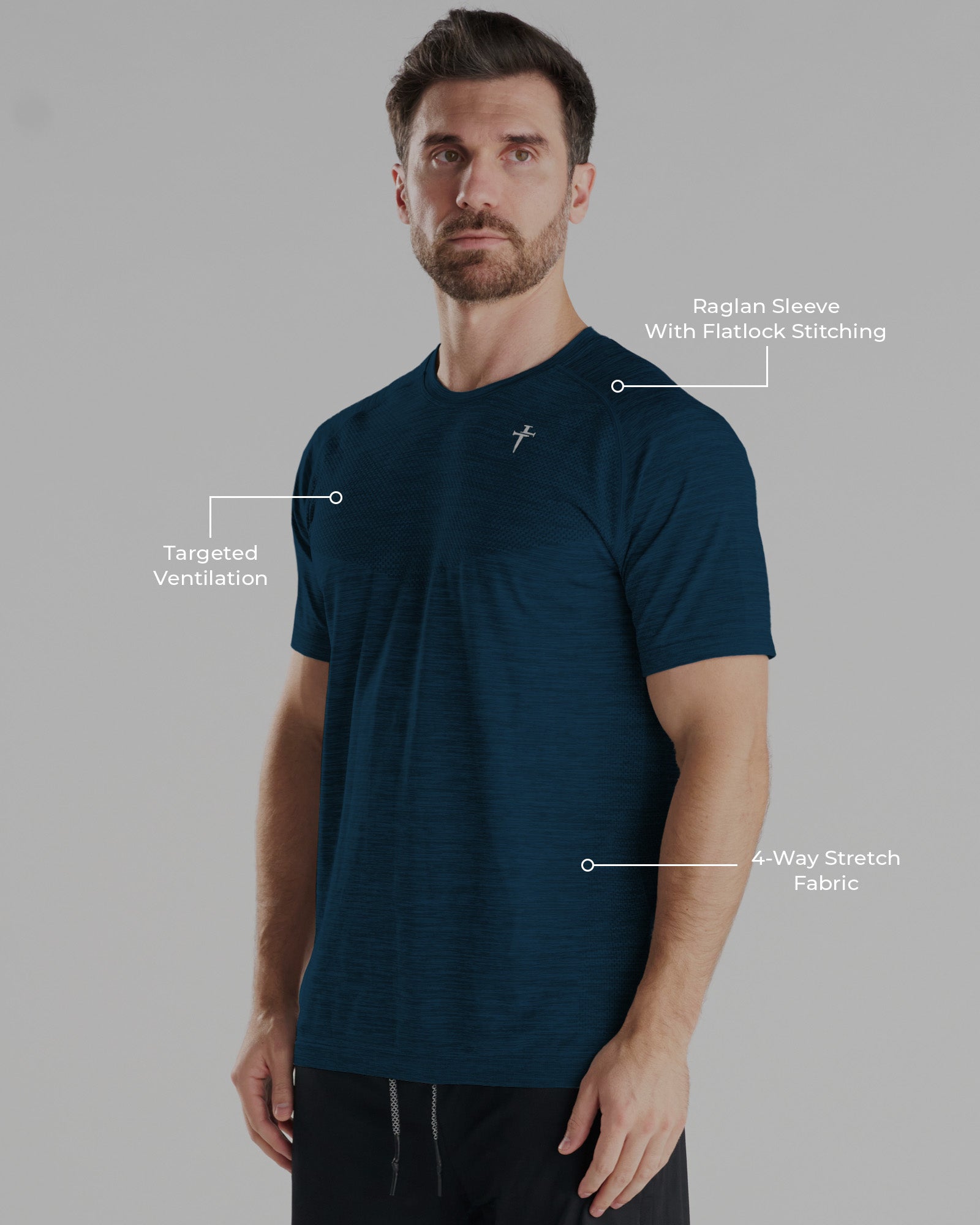 Seamless Tee in Midnight Navy on a male model at a slight angle, with feature callouts highlighting key details.