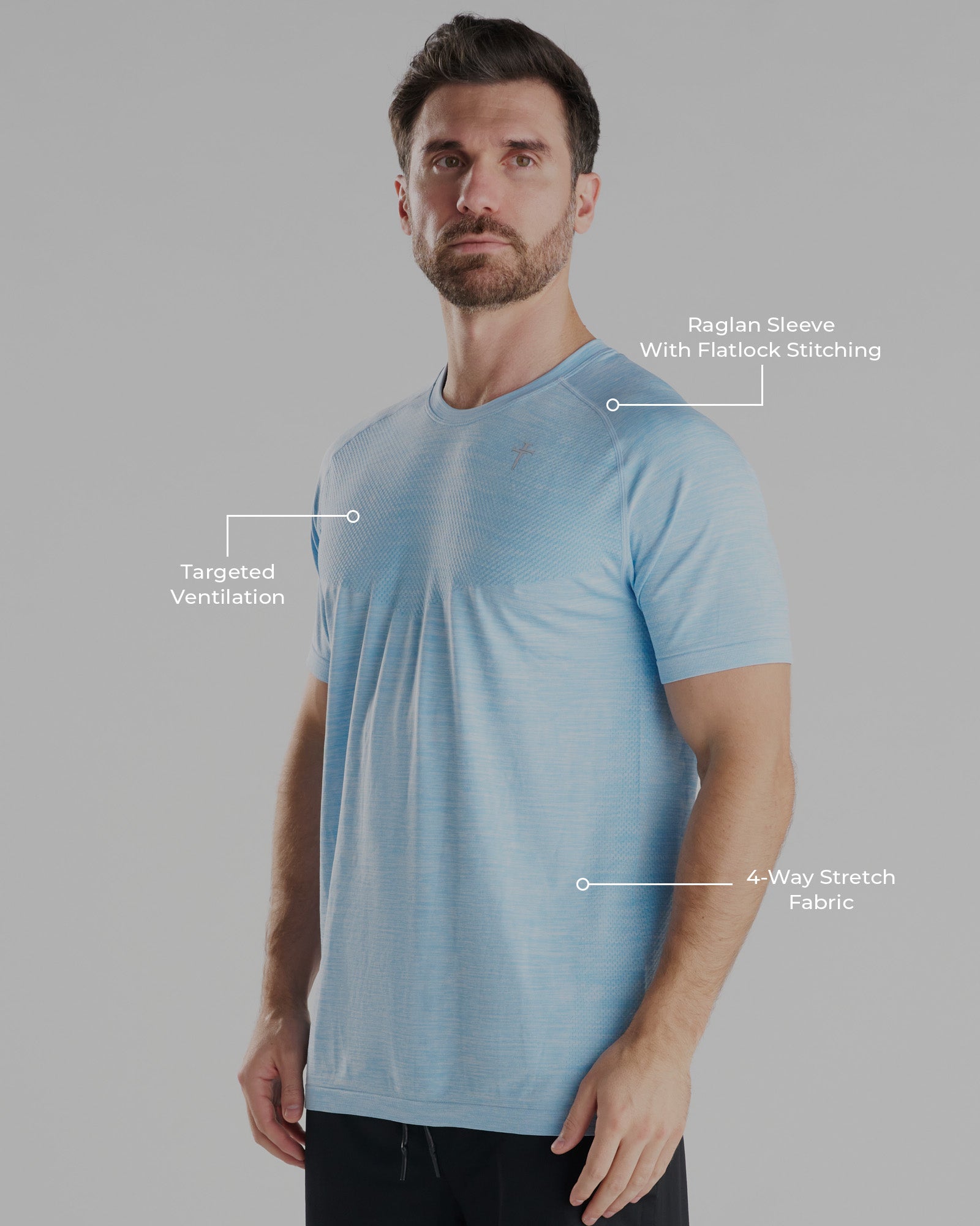 Sky Blue Seamless Tee on male model at a slight side angle with feature callouts highlighting key design details.