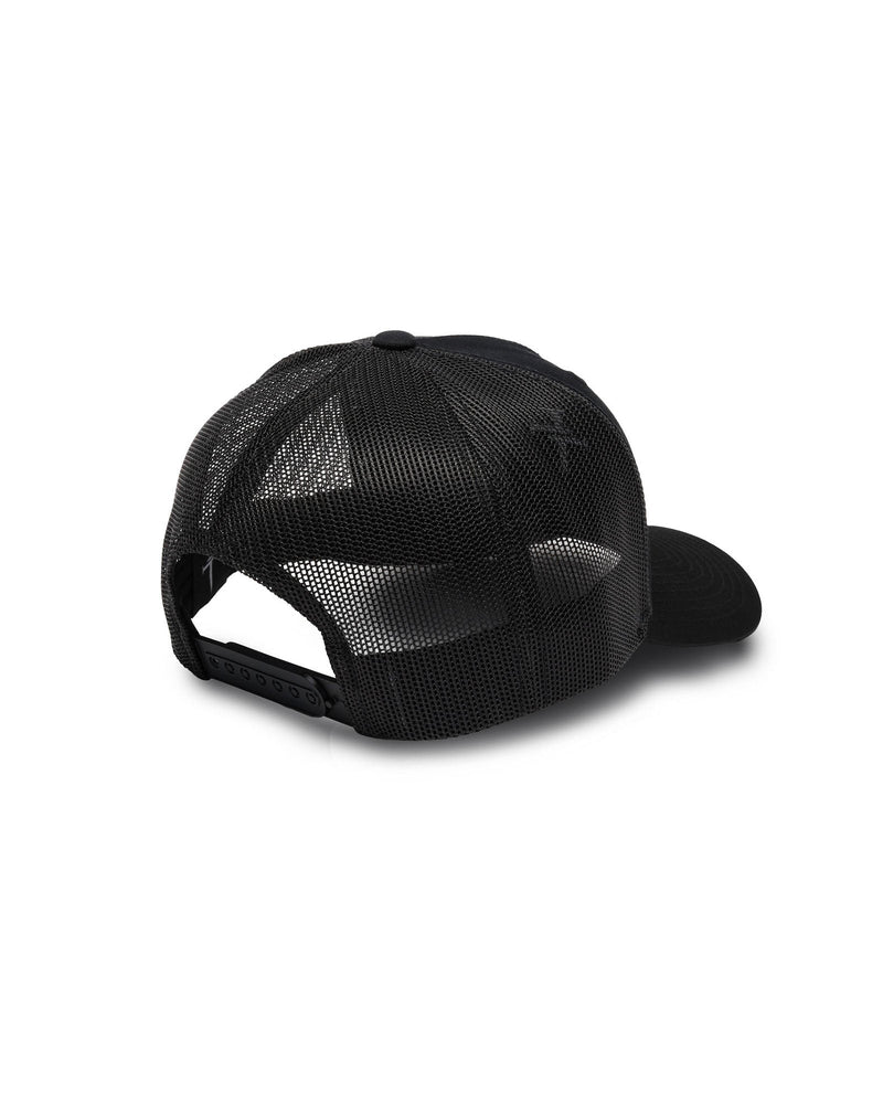 Black Signature Trucker Hat flatlay showing mesh back panels and adjustable snapback closure.